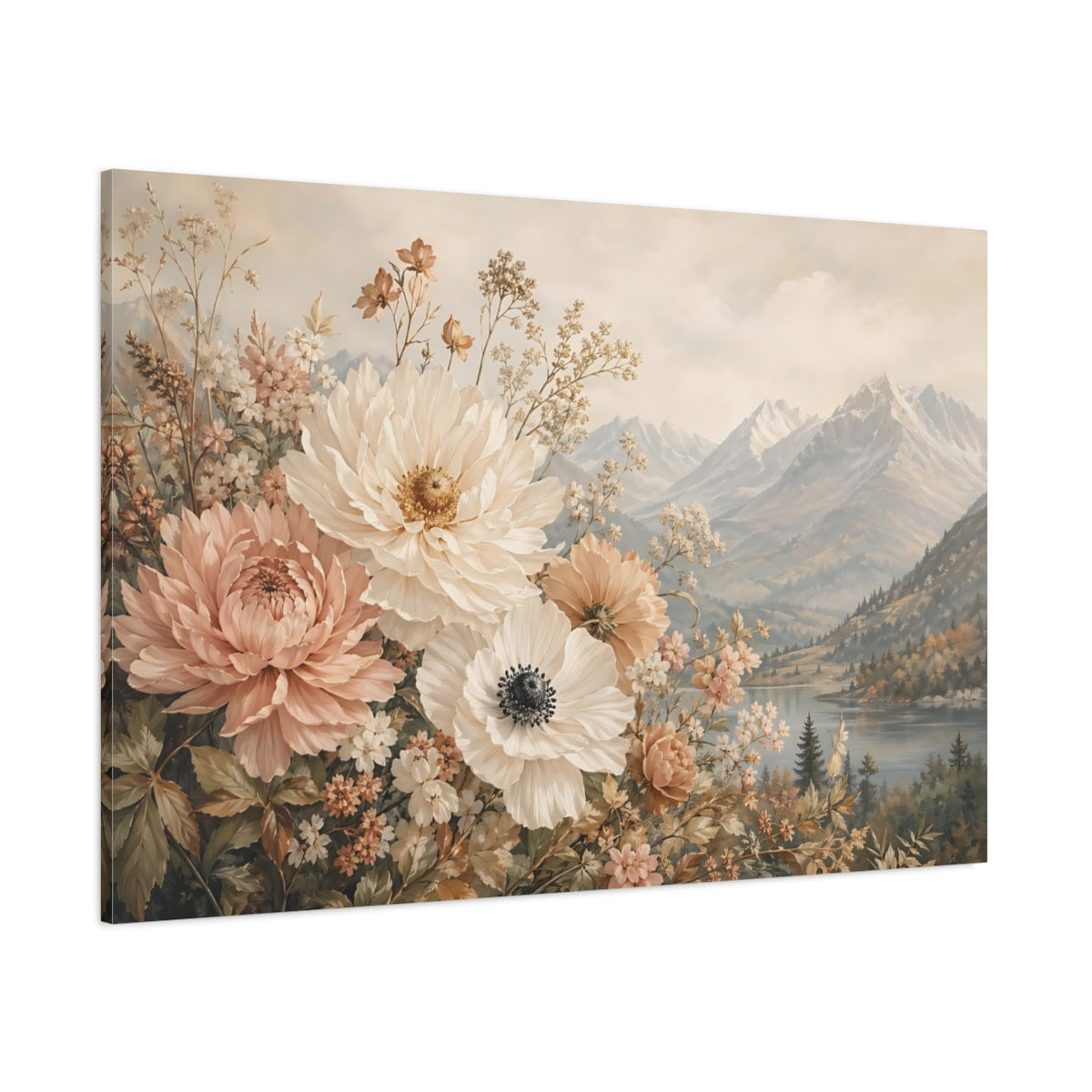 Side Mockup 1. Floral Garden Flowers Pastel Floral shown as stretched canvas wall art