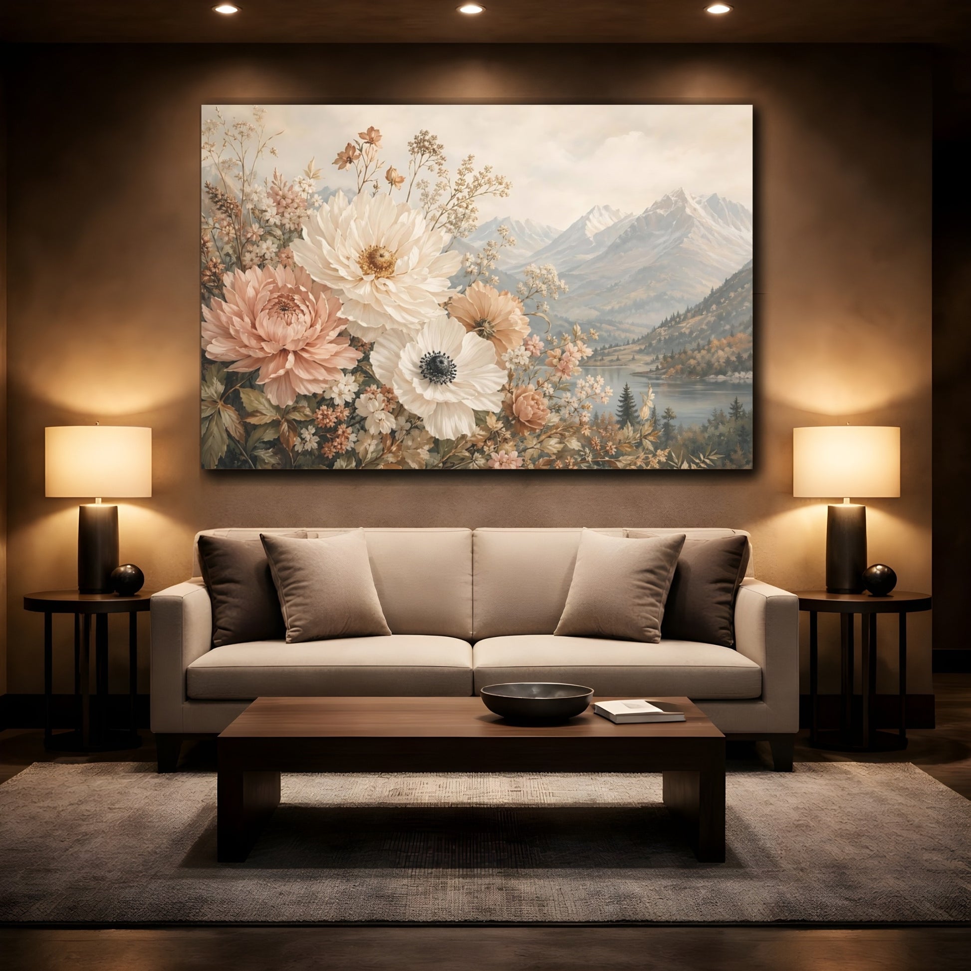 Mockup 2. Floral Garden Flowers Pastel Floral shown as stretched canvas wall art