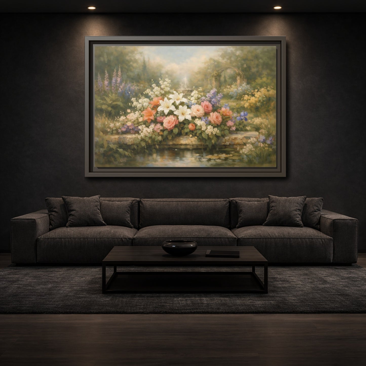 Mockup 2. Floral Garden Flowers Soft Floral Garden shown as stretched canvas wall art
