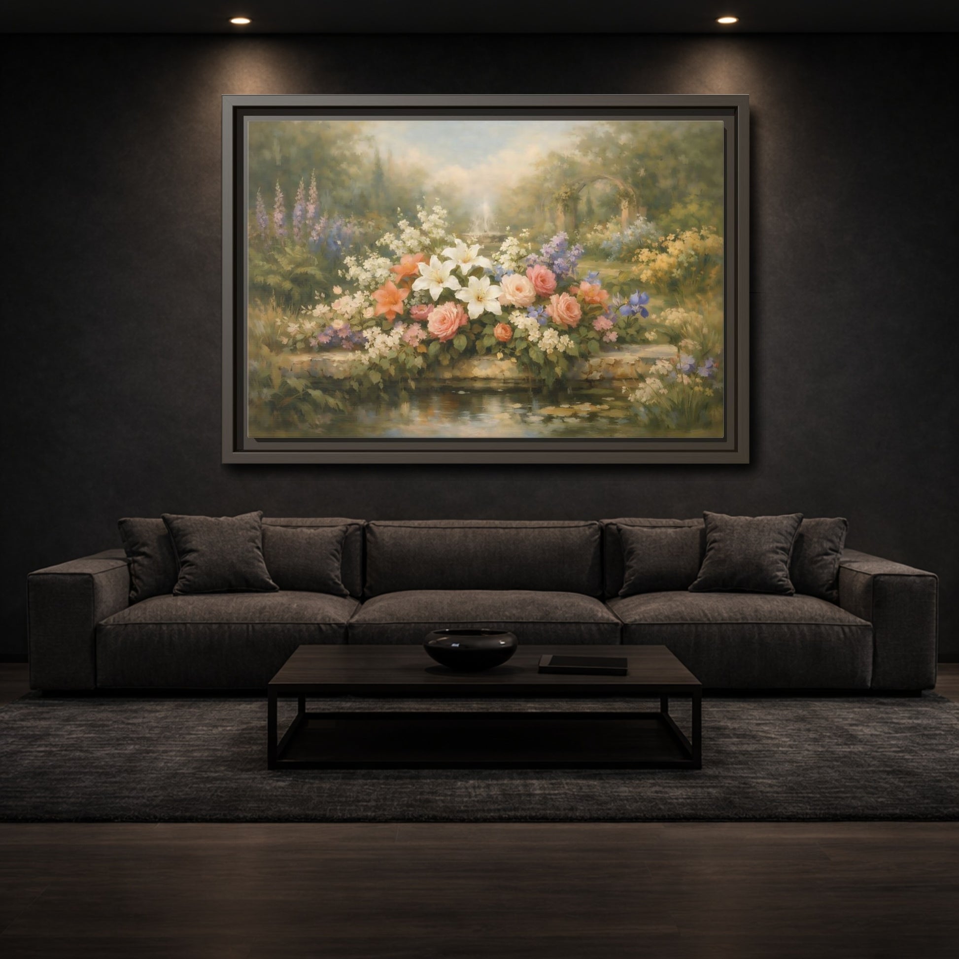 Mockup 2. Floral Garden Flowers Soft Floral Garden shown as stretched canvas wall art
