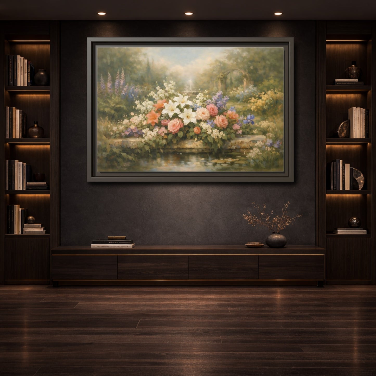 Mockup 3. Floral Garden Flowers Soft Floral Garden shown as stretched canvas wall art