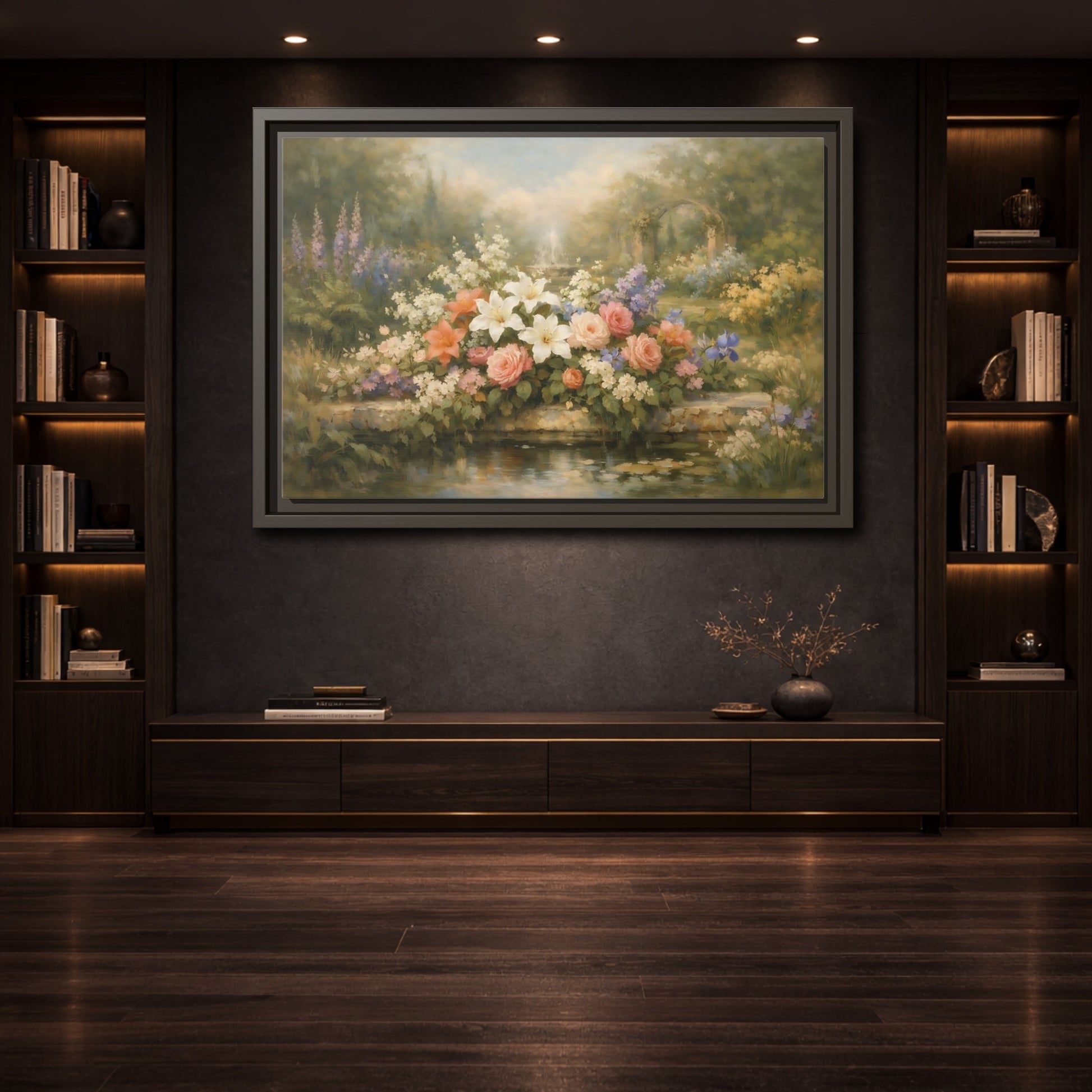 Mockup 3. Floral Garden Flowers Soft Floral Garden shown as stretched canvas wall art