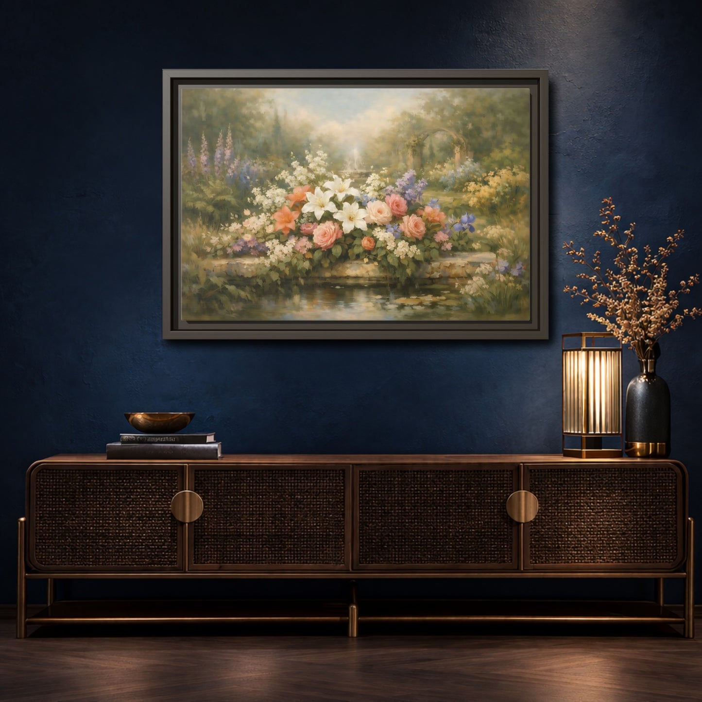 Mockup 4. Floral Garden Flowers Soft Floral Garden shown as stretched canvas wall art