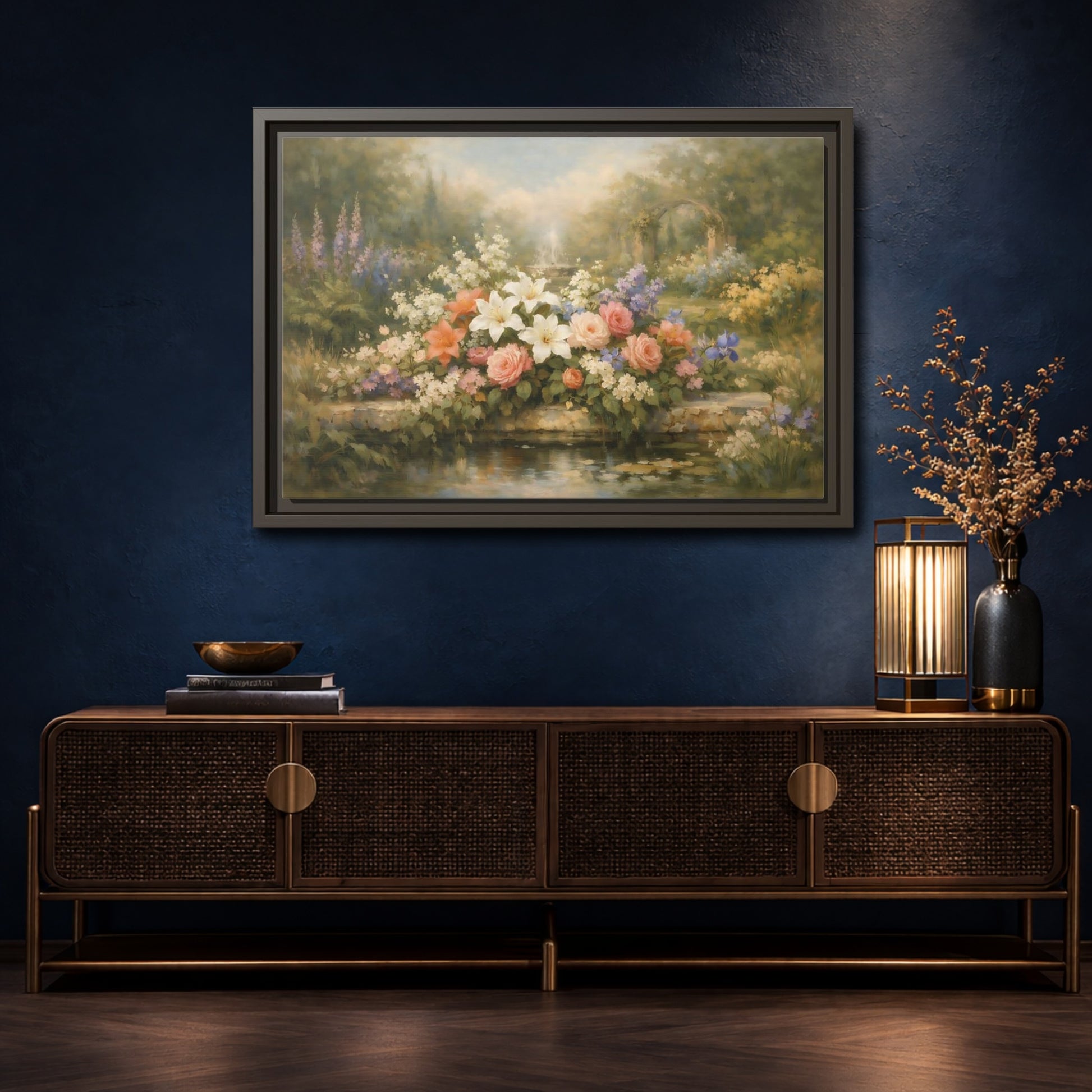 Mockup 4. Floral Garden Flowers Soft Floral Garden shown as stretched canvas wall art