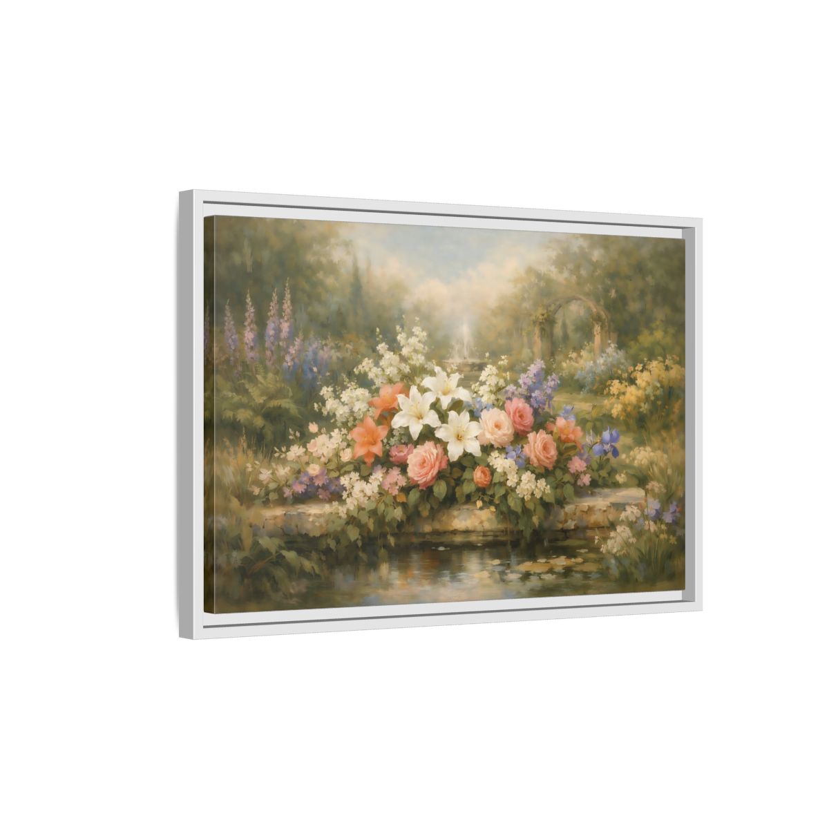 Side Mockup 1. Floral Garden Flowers Soft Floral Garden shown as stretched canvas wall art