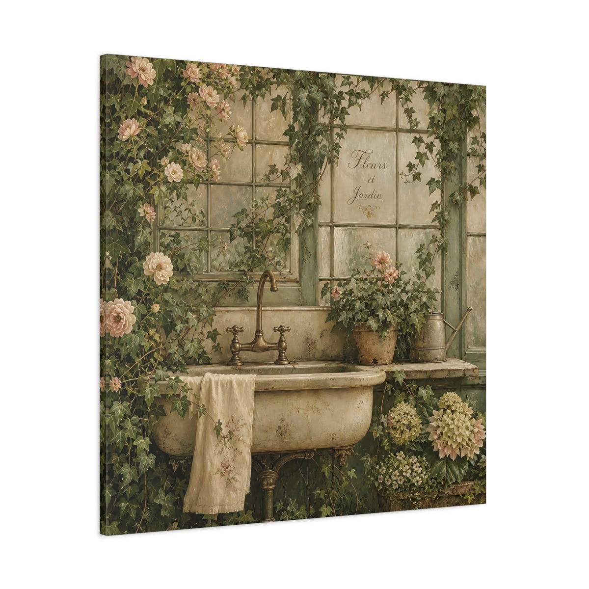 Side Mockup 1. Floral Garden Sink Green Floral shown as stretched canvas wall art