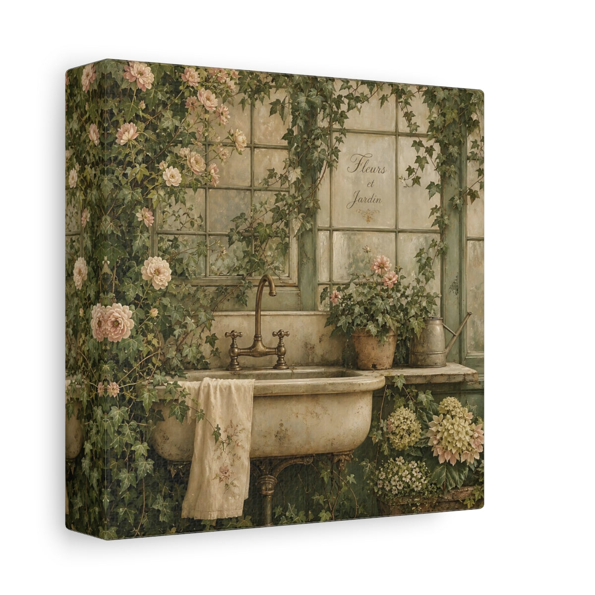 Side Mockup 2. Floral Garden Sink Green Floral shown as stretched canvas wall art