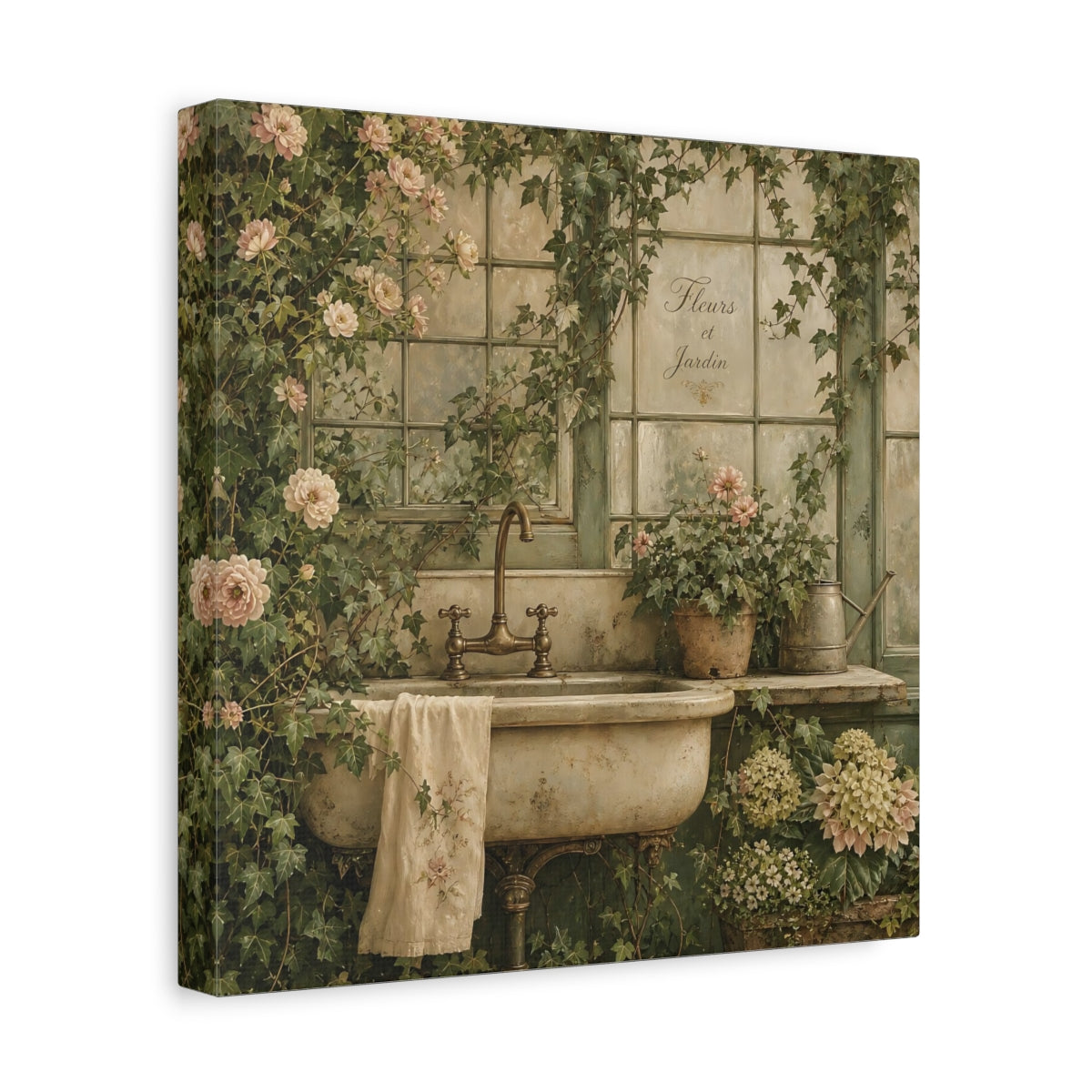 Side Mockup 8. Floral Garden Sink Green Floral shown as stretched canvas wall art