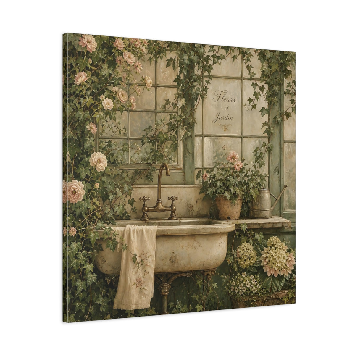 Side Mockup 3. Floral Garden Sink Green Floral shown as stretched canvas wall art