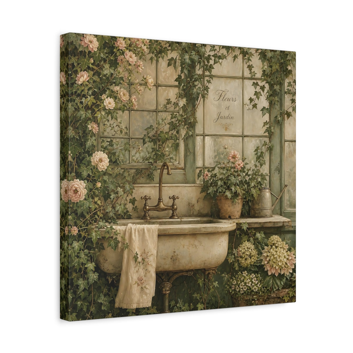 Side Mockup 6. Floral Garden Sink Green Floral shown as stretched canvas wall art