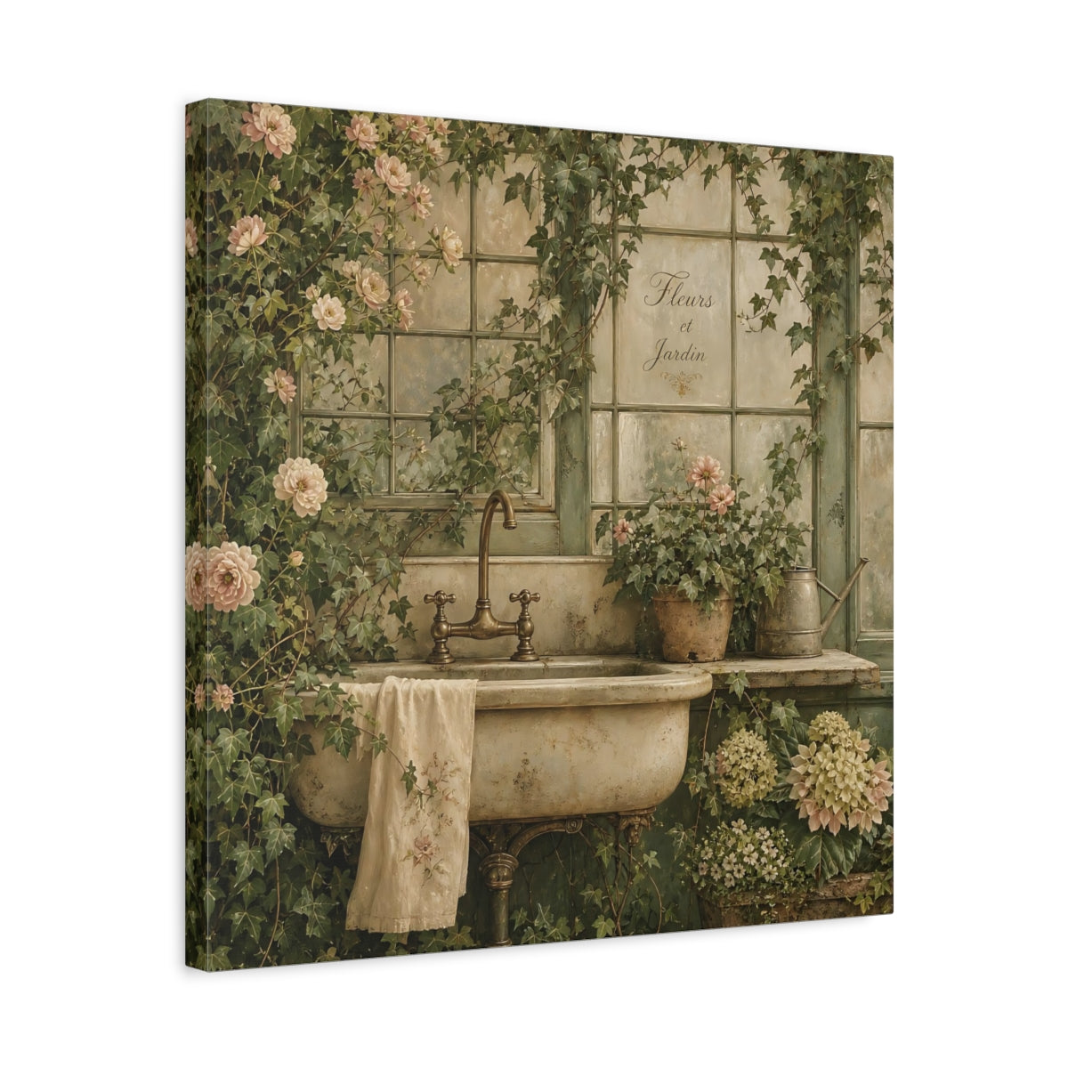 Side Mockup 5. Floral Garden Sink Green Floral shown as stretched canvas wall art