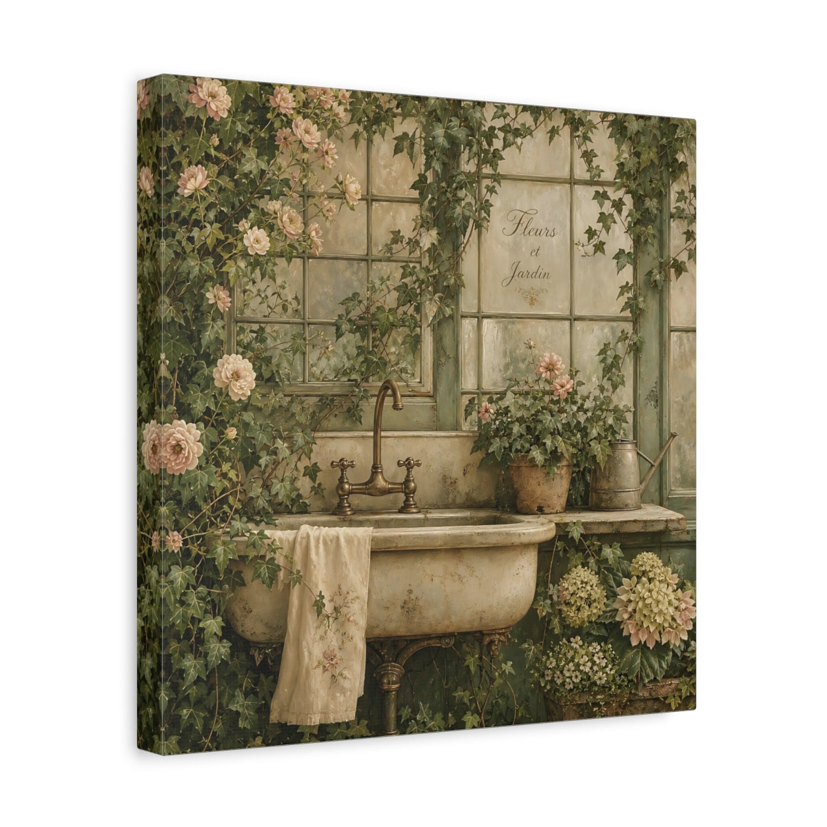 Side Mockup 7. Floral Garden Sink Green Floral shown as stretched canvas wall art