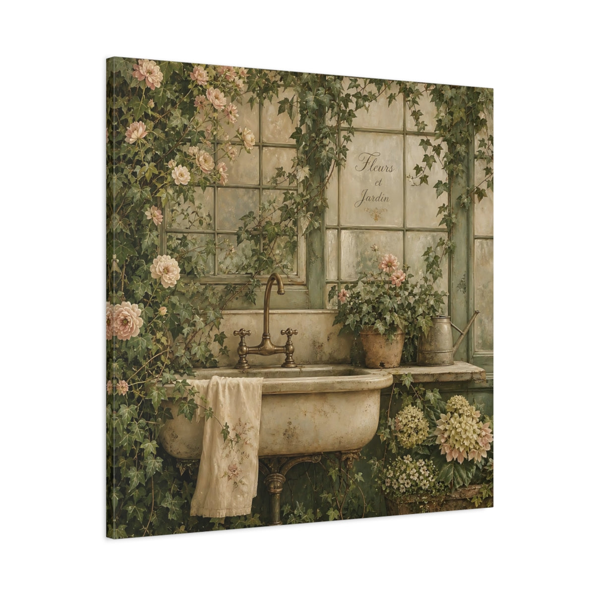 Main Mockup. Floral Garden Sink Green Floral shown as stretched canvas wall art