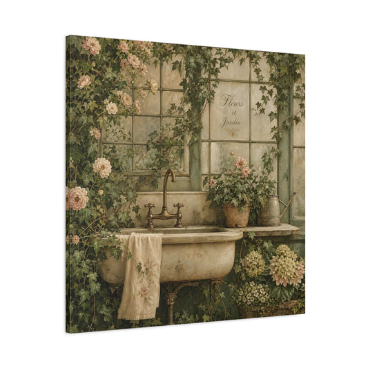 Main Mockup. Floral Garden Sink Green Floral shown as stretched canvas wall art