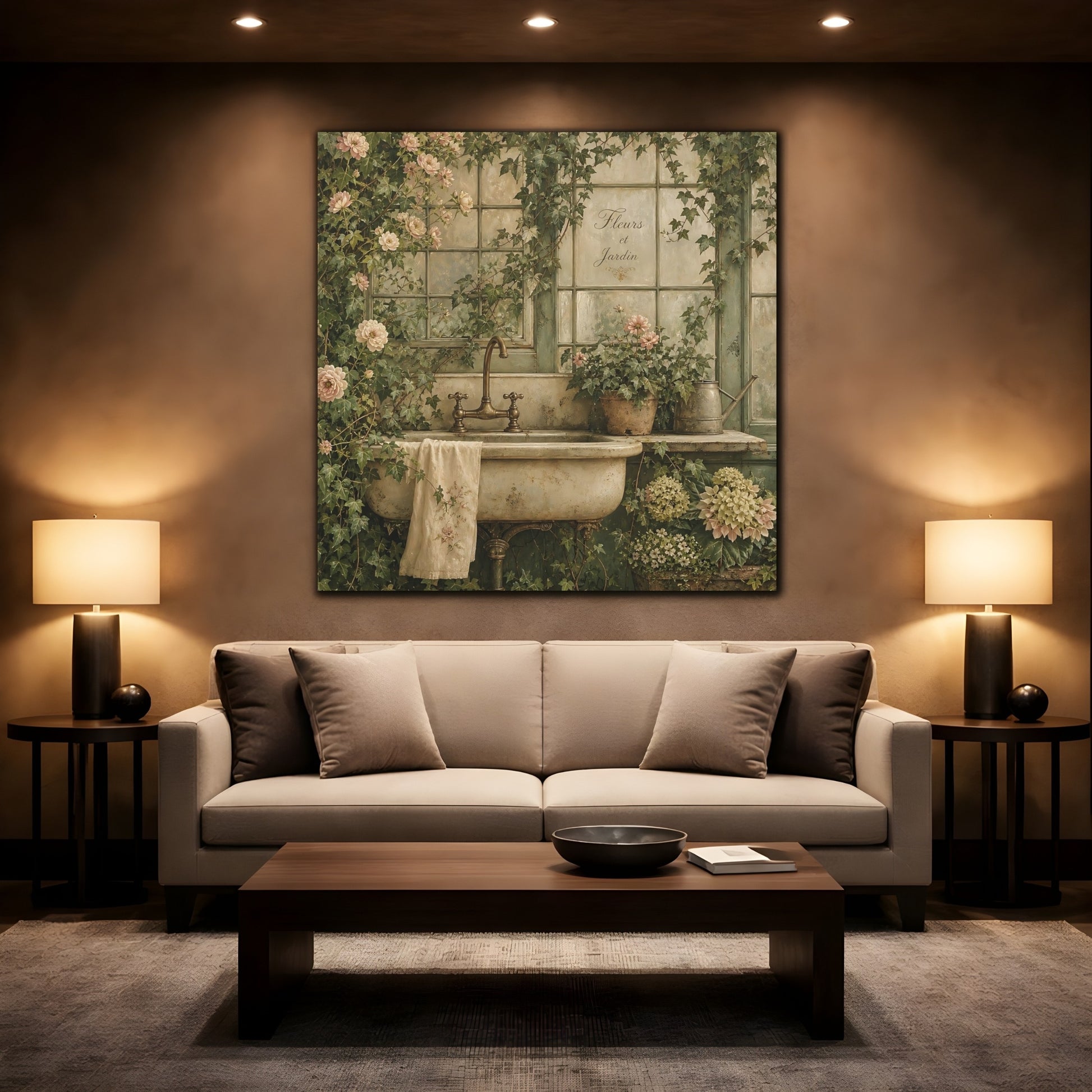 Mockup 2. Floral Garden Sink Green Floral shown as stretched canvas wall art