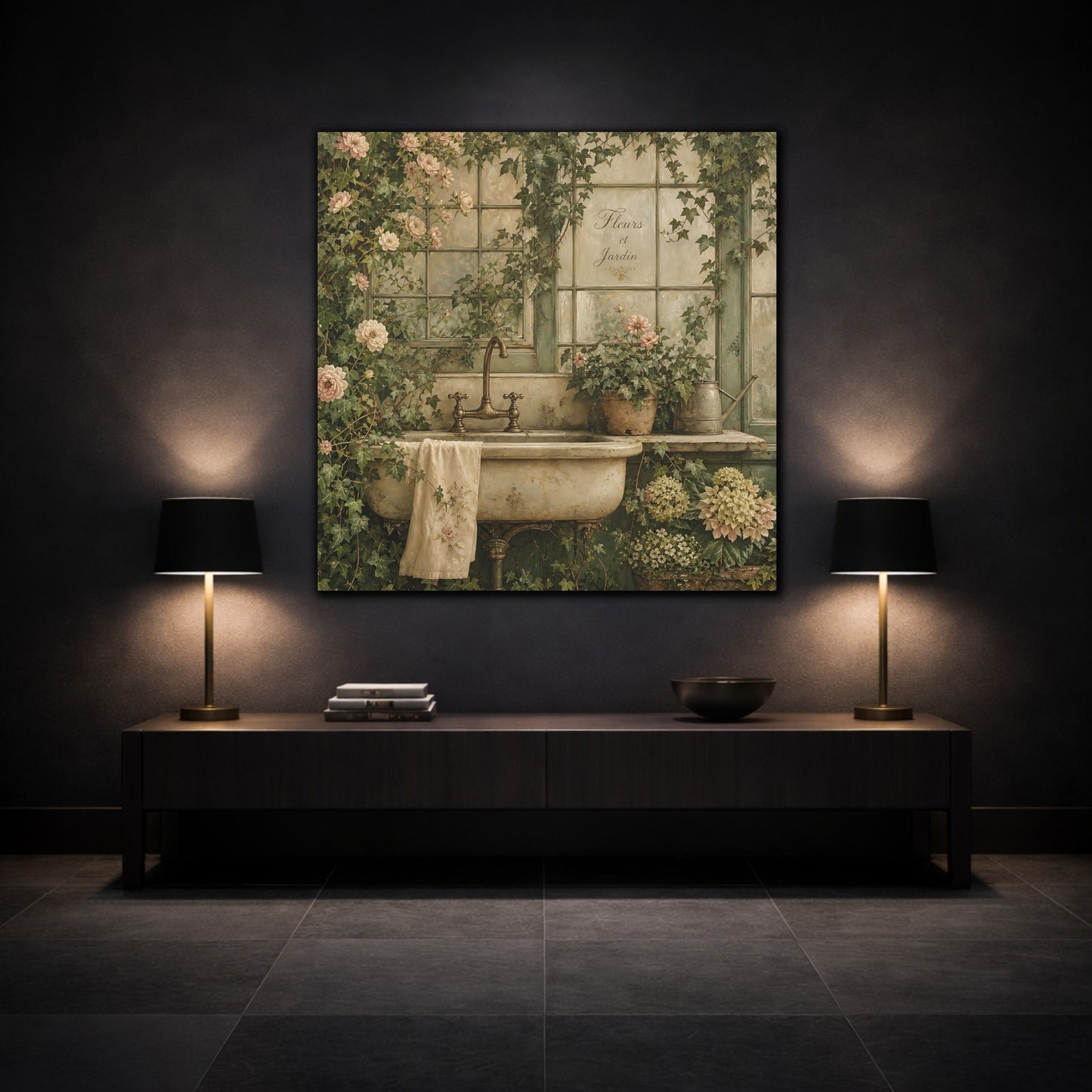 Mockup 3. Floral Garden Sink Green Floral shown as stretched canvas wall art