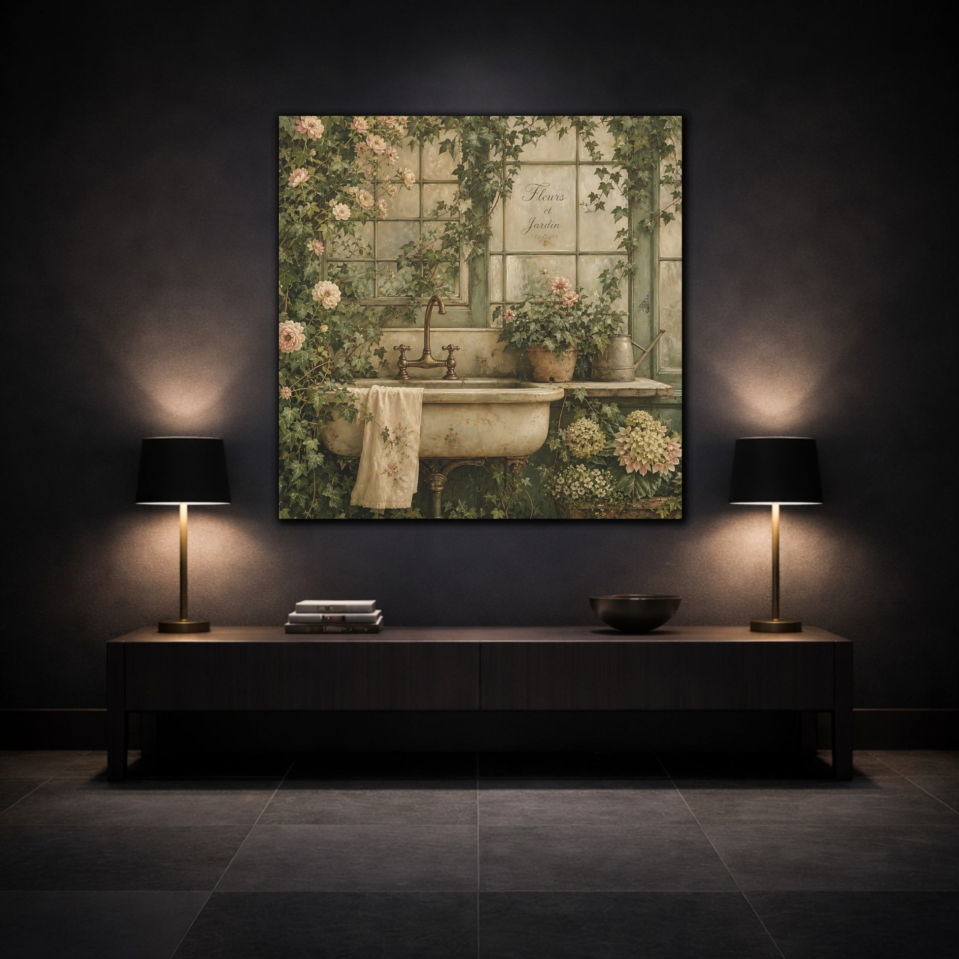Mockup 3. Floral Garden Sink Green Floral shown as stretched canvas wall art