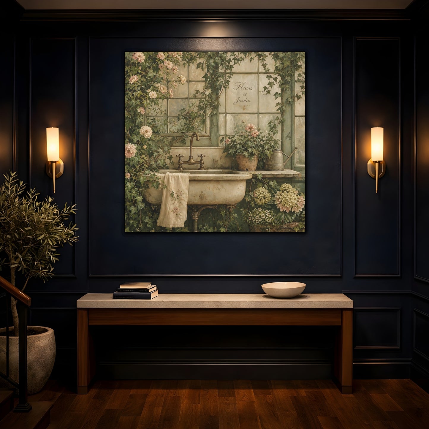 Mockup 4. Floral Garden Sink Green Floral shown as stretched canvas wall art