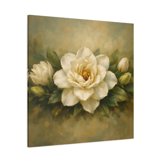Main Mockup. Floral Gardenia White Gardenia shown as stretched canvas wall art