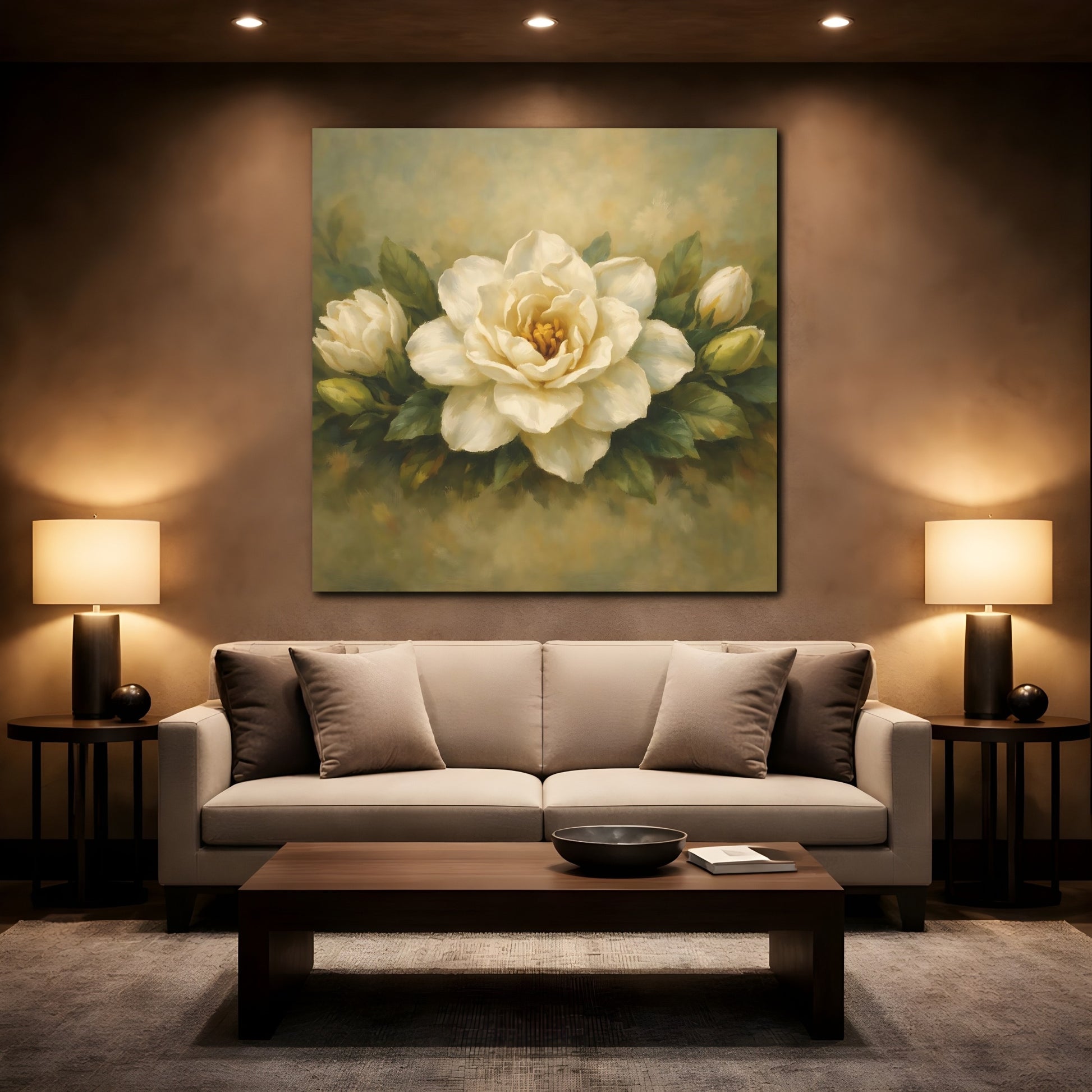 Mockup 2. Floral Gardenia White Gardenia shown as stretched canvas wall art