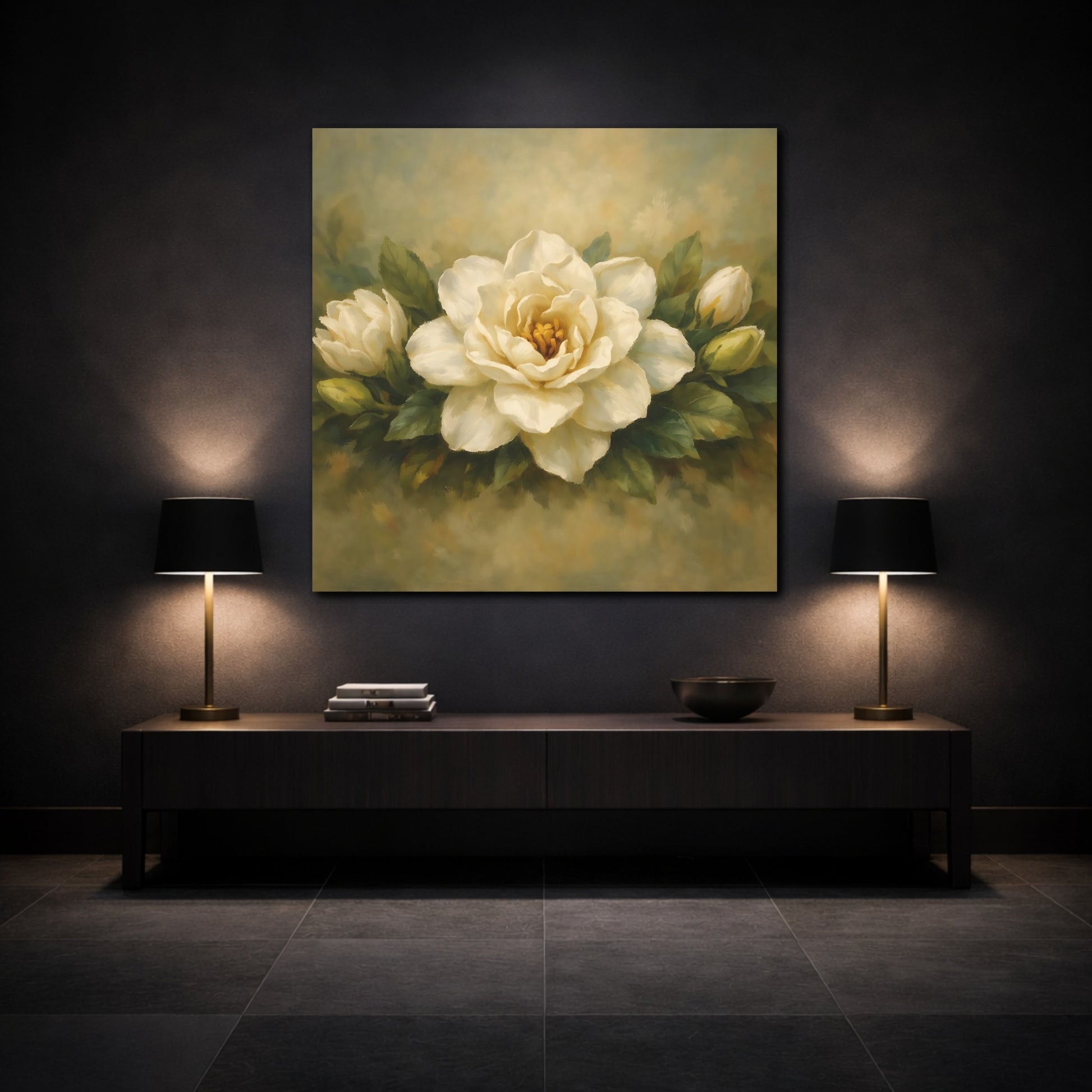 Mockup 3. Floral Gardenia White Gardenia shown as stretched canvas wall art