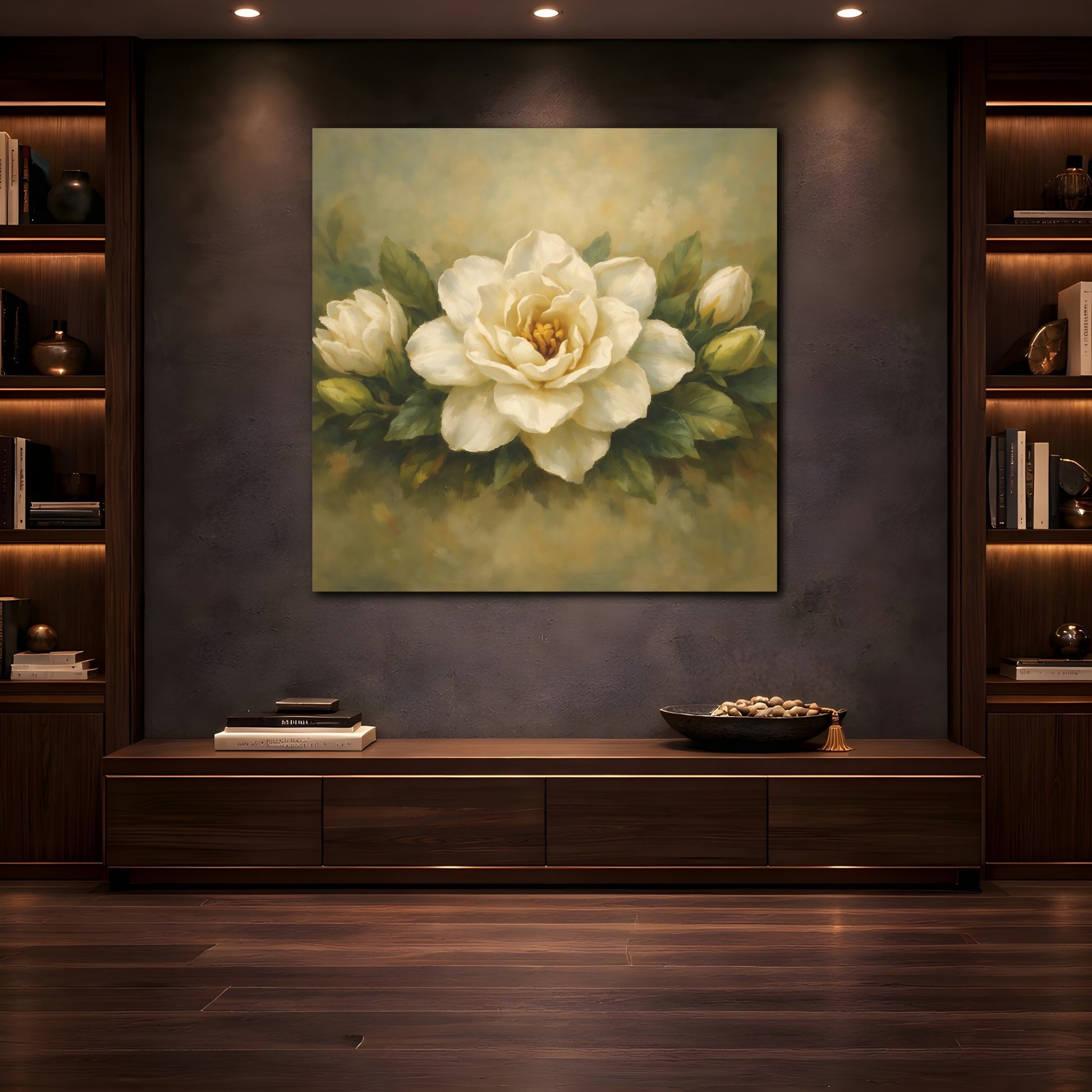 Mockup 4. Floral Gardenia White Gardenia shown as stretched canvas wall art