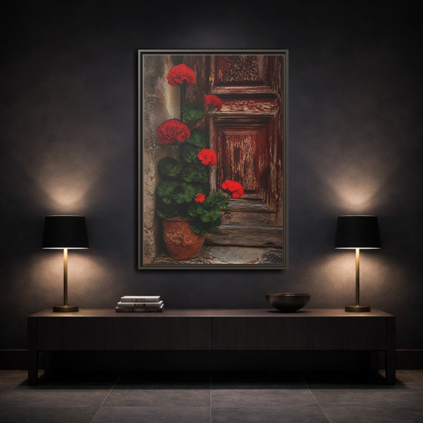 Floral Geraniums Red Framed Canvas Print Wall Art – Rustic Living Room, Above Fireplace - YesArtYes