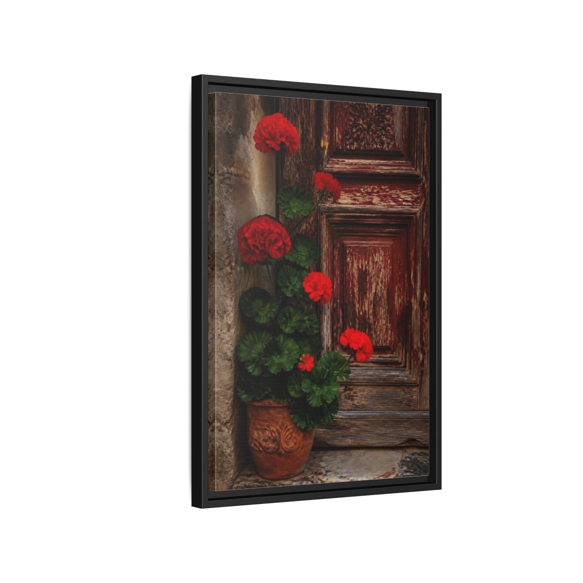 Floral Geraniums Red Framed Canvas Print Wall Art – Rustic Living Room, Above Fireplace - YesArtYes