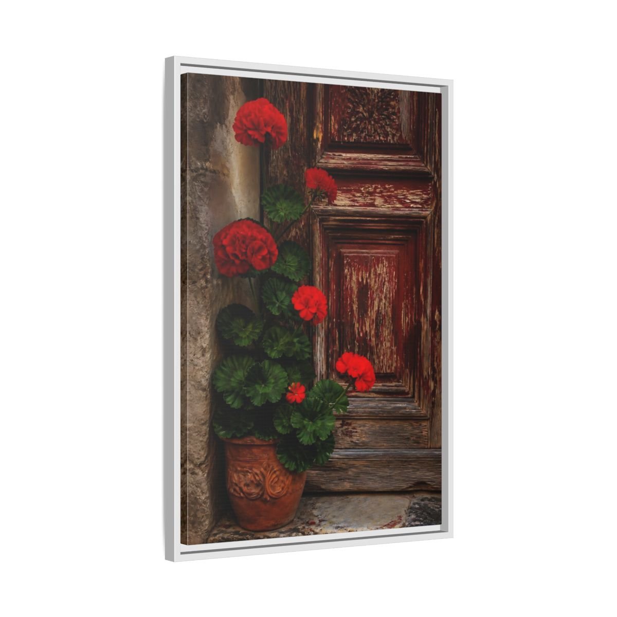Floral Geraniums Red Framed Canvas Print Wall Art – Rustic Living Room, Above Fireplace - YesArtYes