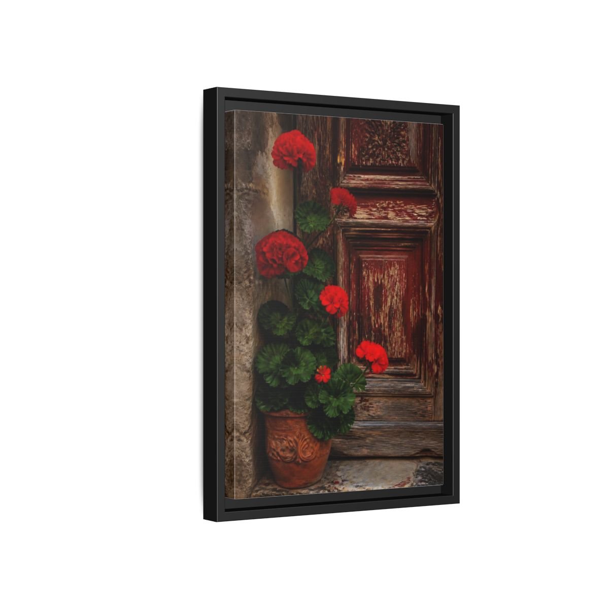 Floral Geraniums Red Framed Canvas Print Wall Art – Rustic Living Room, Above Fireplace - YesArtYes