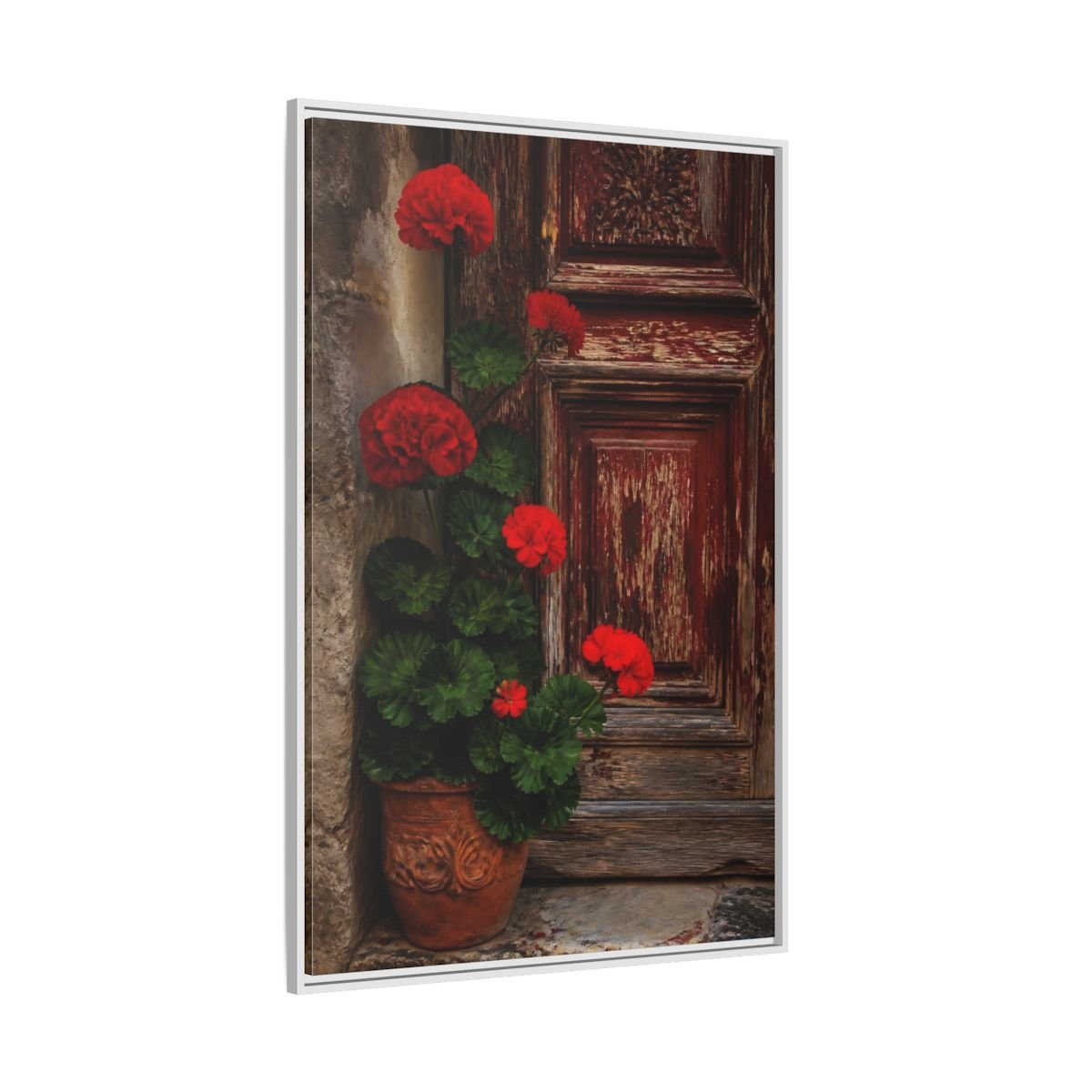 Floral Geraniums Red Framed Canvas Print Wall Art – Rustic Living Room, Above Fireplace - YesArtYes