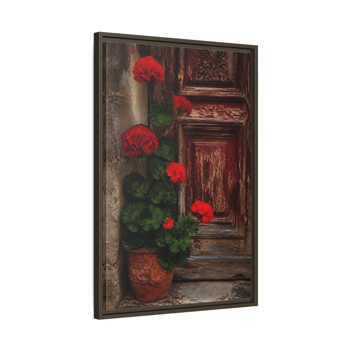 Floral Geraniums Red Framed Canvas Print Wall Art – Rustic Living Room, Above Fireplace - YesArtYes