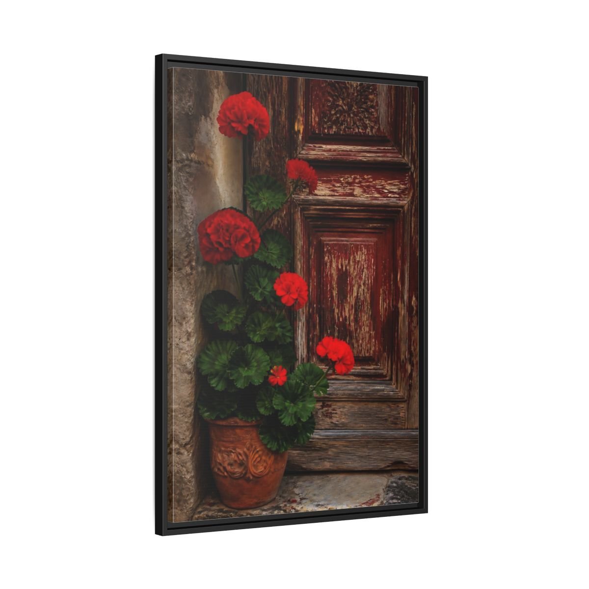 Floral Geraniums Red Framed Canvas Print Wall Art – Rustic Living Room, Above Fireplace - YesArtYes