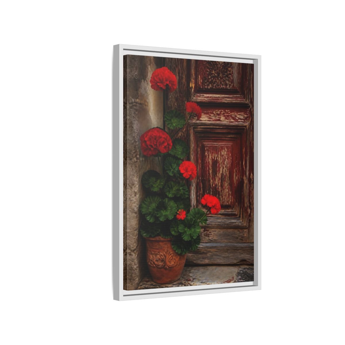 Floral Geraniums Red Framed Canvas Print Wall Art – Rustic Living Room, Above Fireplace - YesArtYes