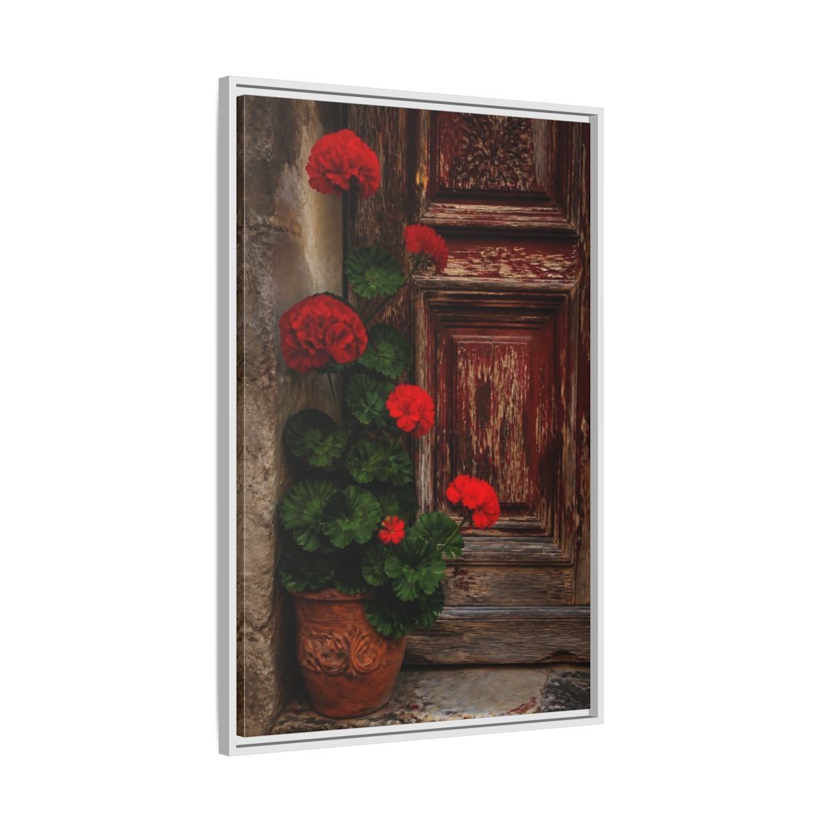 Floral Geraniums Red Framed Canvas Print Wall Art – Rustic Living Room, Above Fireplace - YesArtYes