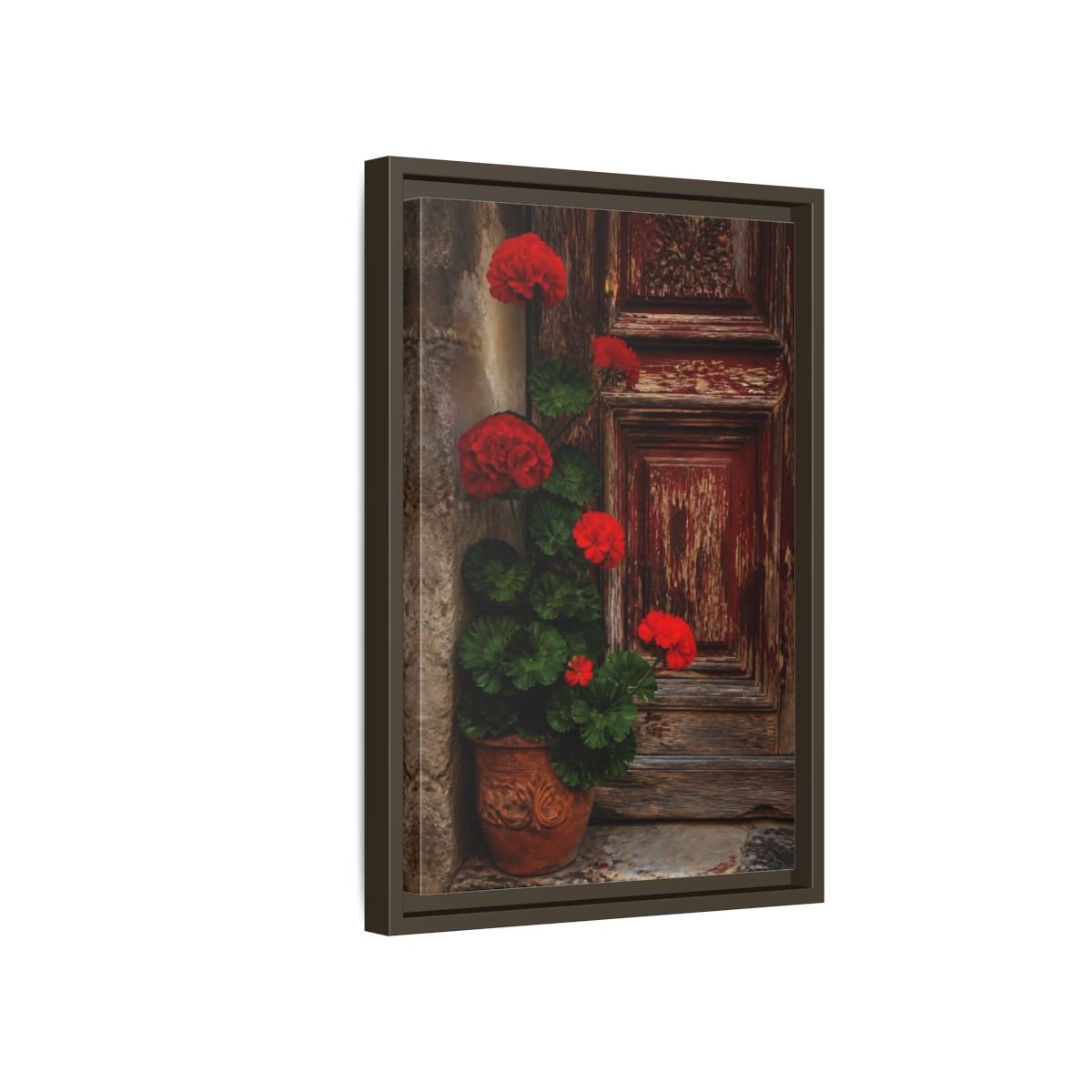 Floral Geraniums Red Framed Canvas Print Wall Art – Rustic Living Room, Above Fireplace - YesArtYes