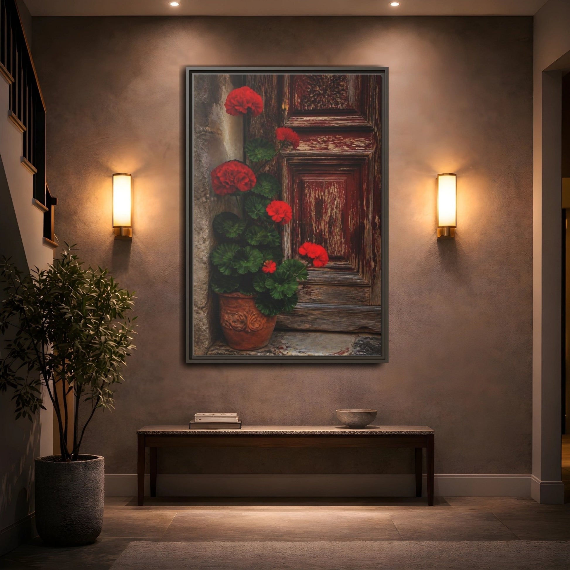 Floral Geraniums Red Framed Canvas Print Wall Art – Rustic Living Room, Above Fireplace - YesArtYes