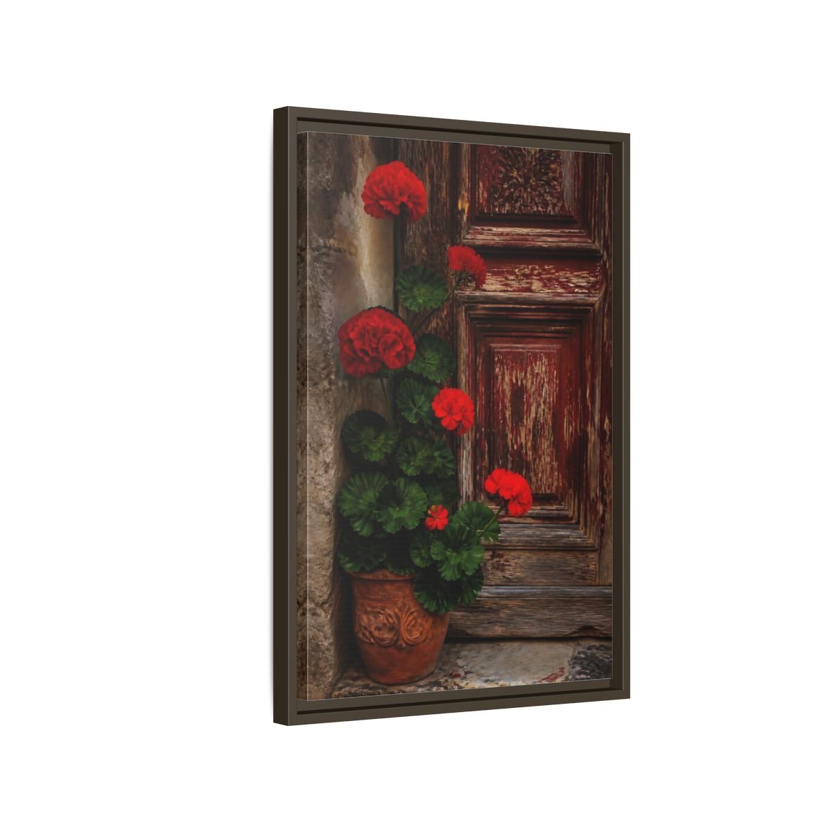 Floral Geraniums Red Framed Canvas Print Wall Art – Rustic Living Room, Above Fireplace - YesArtYes