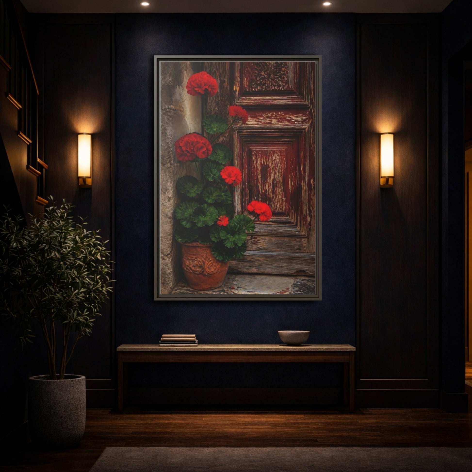 Floral Geraniums Red Framed Canvas Print Wall Art – Rustic Living Room, Above Fireplace - YesArtYes