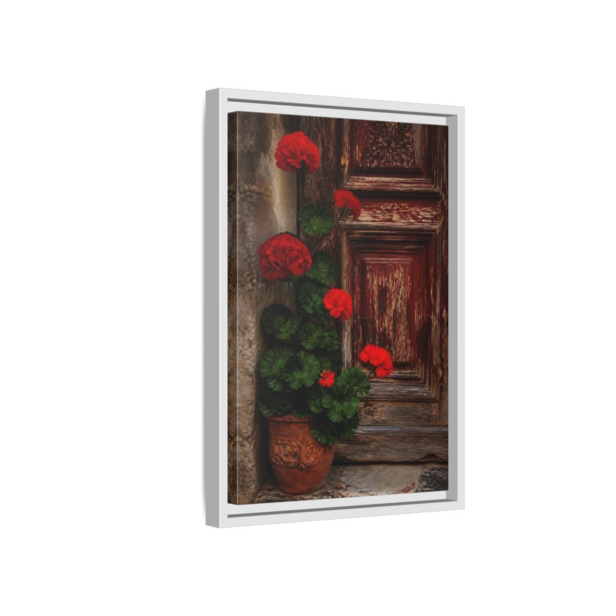 Floral Geraniums Red Framed Canvas Print Wall Art – Rustic Living Room, Above Fireplace - YesArtYes