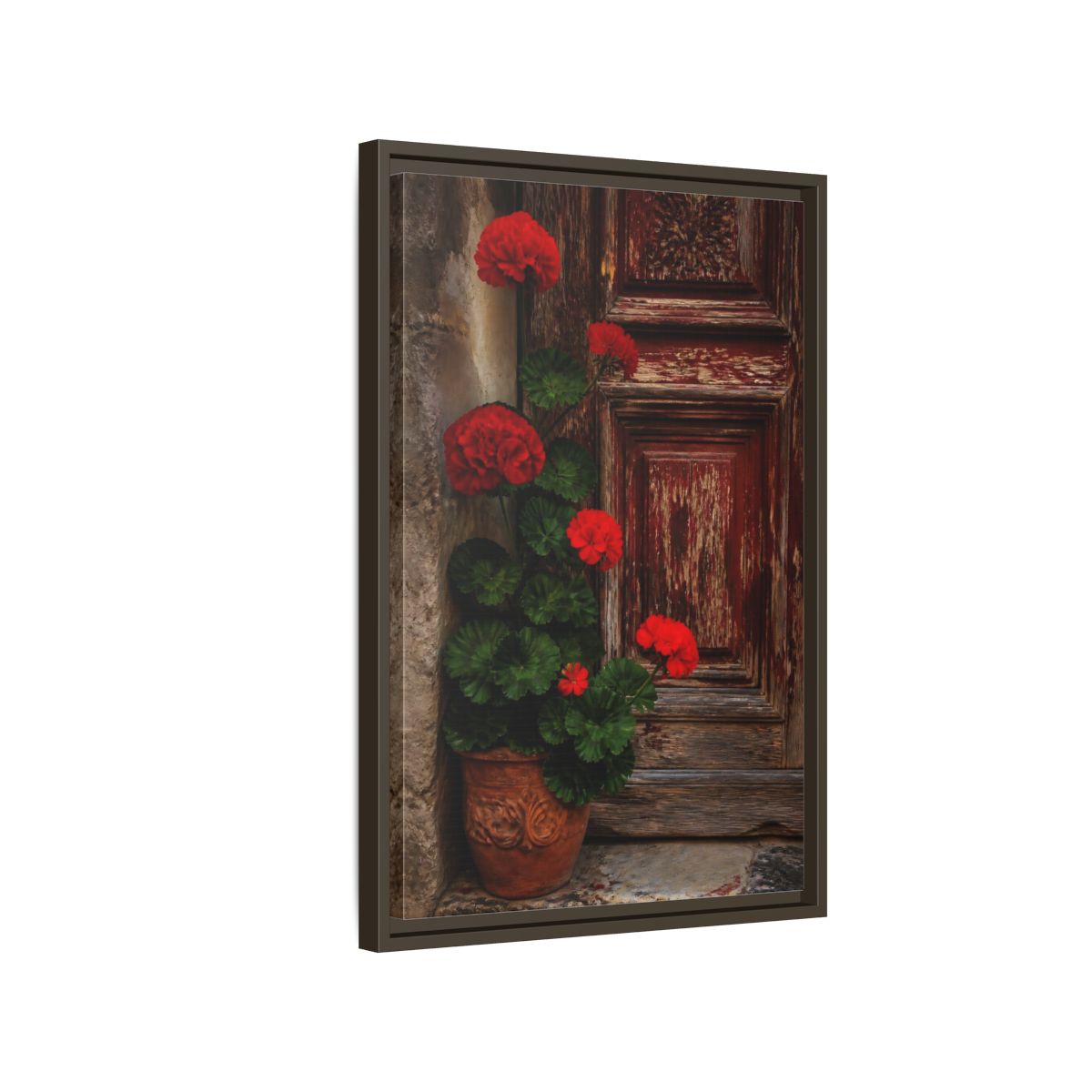 Side Mockup 2. Floral Geraniums Red Geraniums shown as framed canvas print