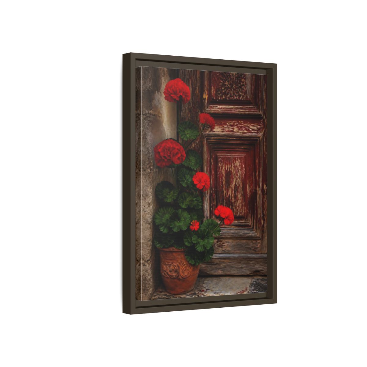 Side Mockup 5. Floral Geraniums Red Geraniums shown as framed canvas print