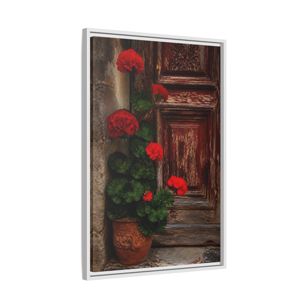 Side Mockup 10. Floral Geraniums Red Geraniums shown as framed canvas print