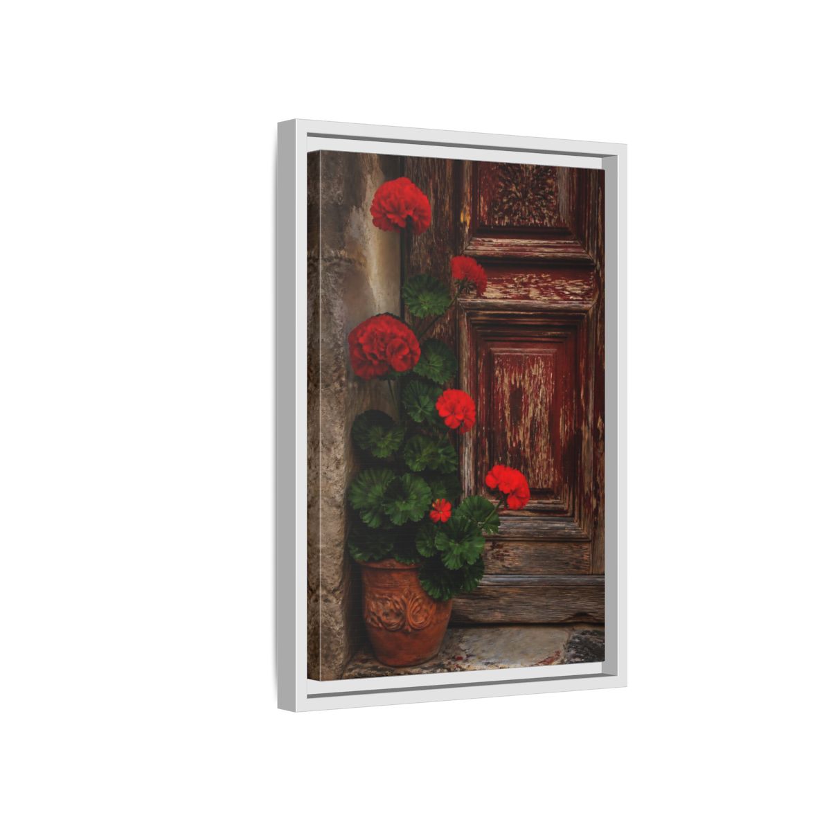 Side Mockup 4. Floral Geraniums Red Geraniums shown as framed canvas print