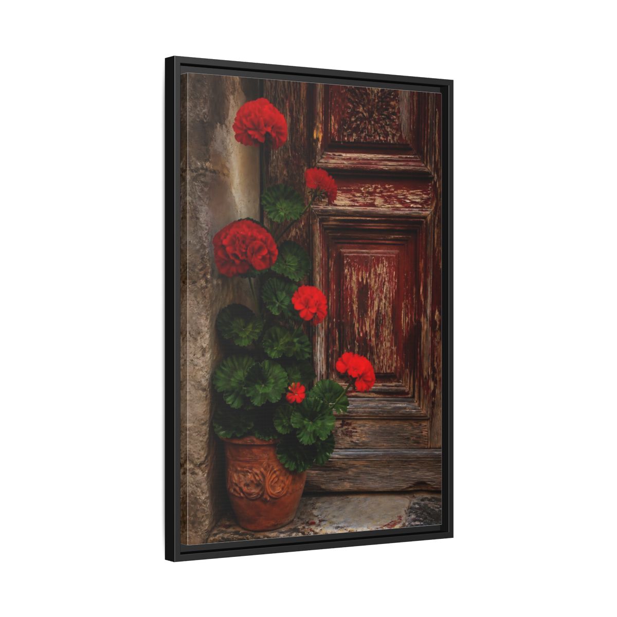 Side Mockup 14. Floral Geraniums Red Geraniums shown as framed canvas print