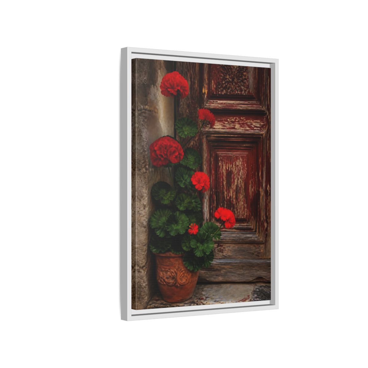 Side Mockup 1. Floral Geraniums Red Geraniums shown as framed canvas print
