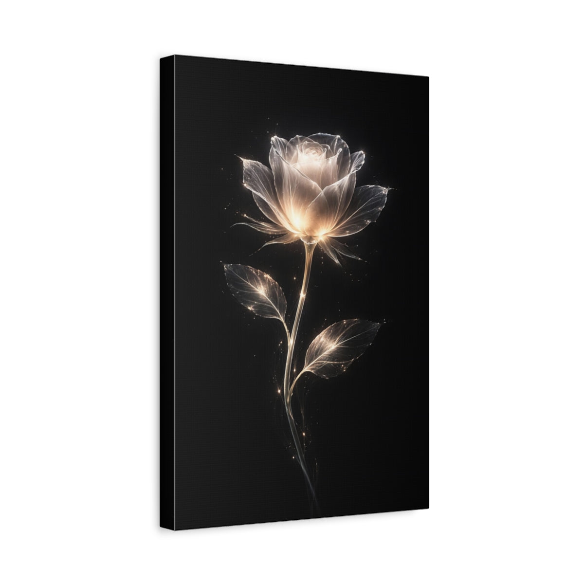 Side Mockup 4. Floral Glowing Rose Luminous Rose shown as stretched canvas wall art