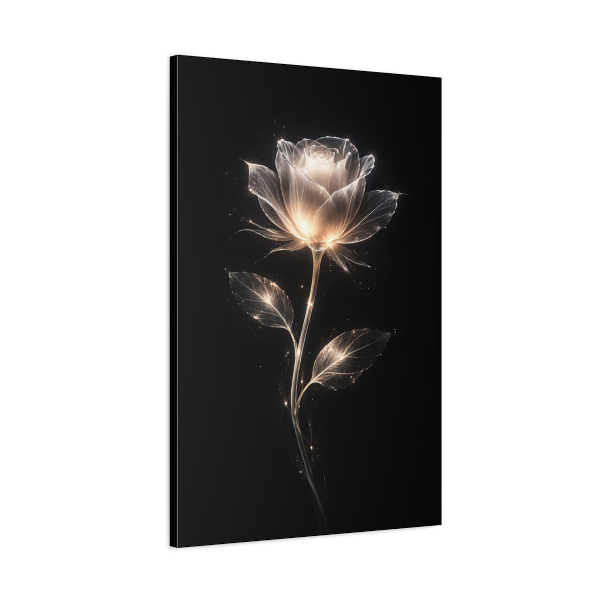 Side Mockup 1. Floral Glowing Rose Luminous Rose shown as stretched canvas wall art