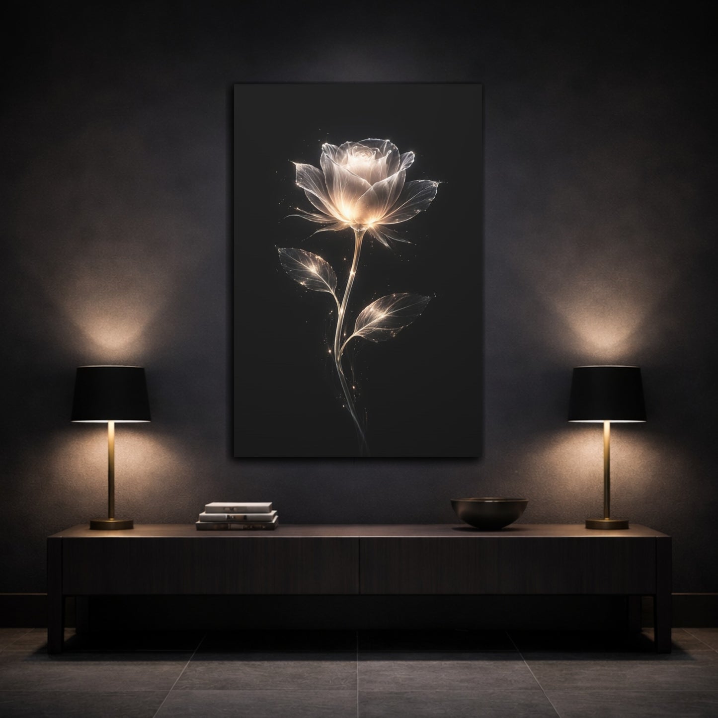 Mockup 2. Floral Glowing Rose Luminous Rose shown as stretched canvas wall art