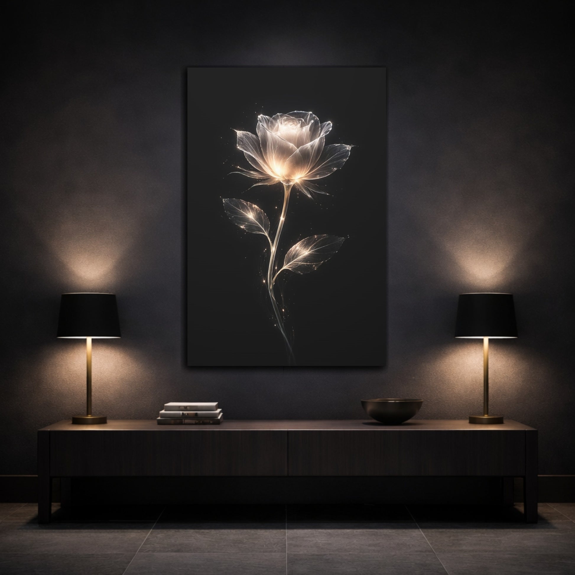 Mockup 2. Floral Glowing Rose Luminous Rose shown as stretched canvas wall art